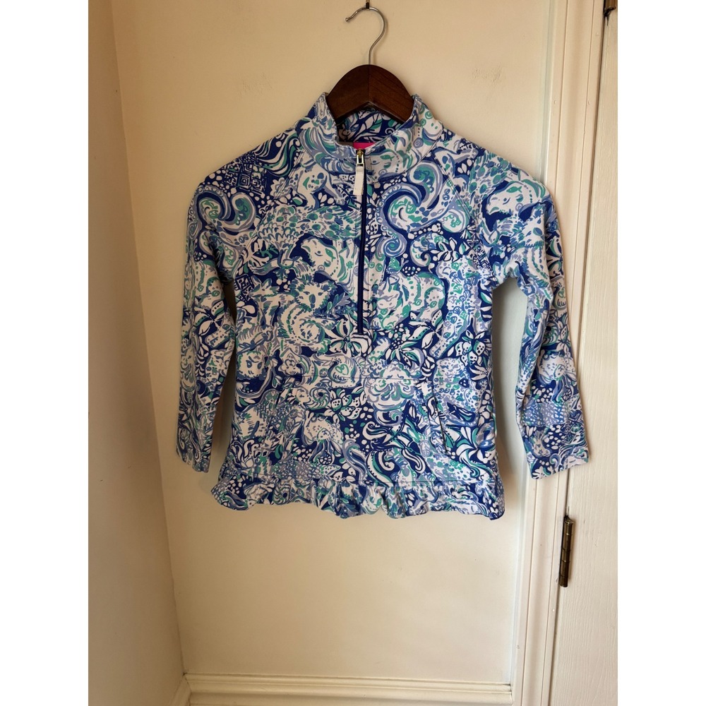 Lilly Pulitzer Girls Paisley Ruffle Quarter Zip Pullover Blue Green L Size 8/10